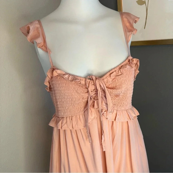 Cupshe Noelle Tie Frill Pink Smocked Chest Mini Dress Size Medium - Picture 3 of 11